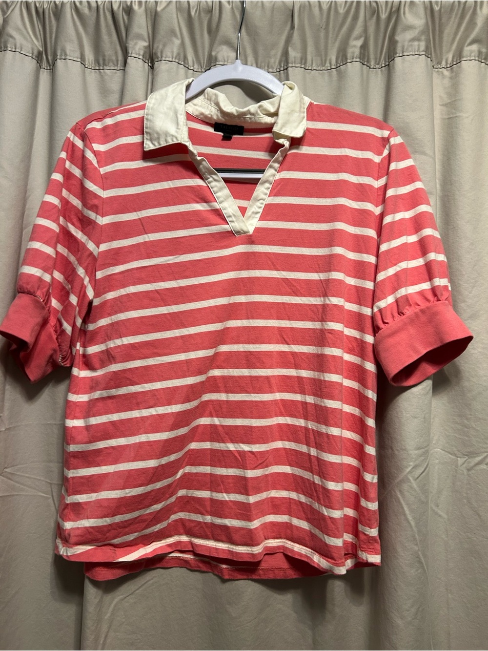Talbots Coral and White Striped Polo-Style Top